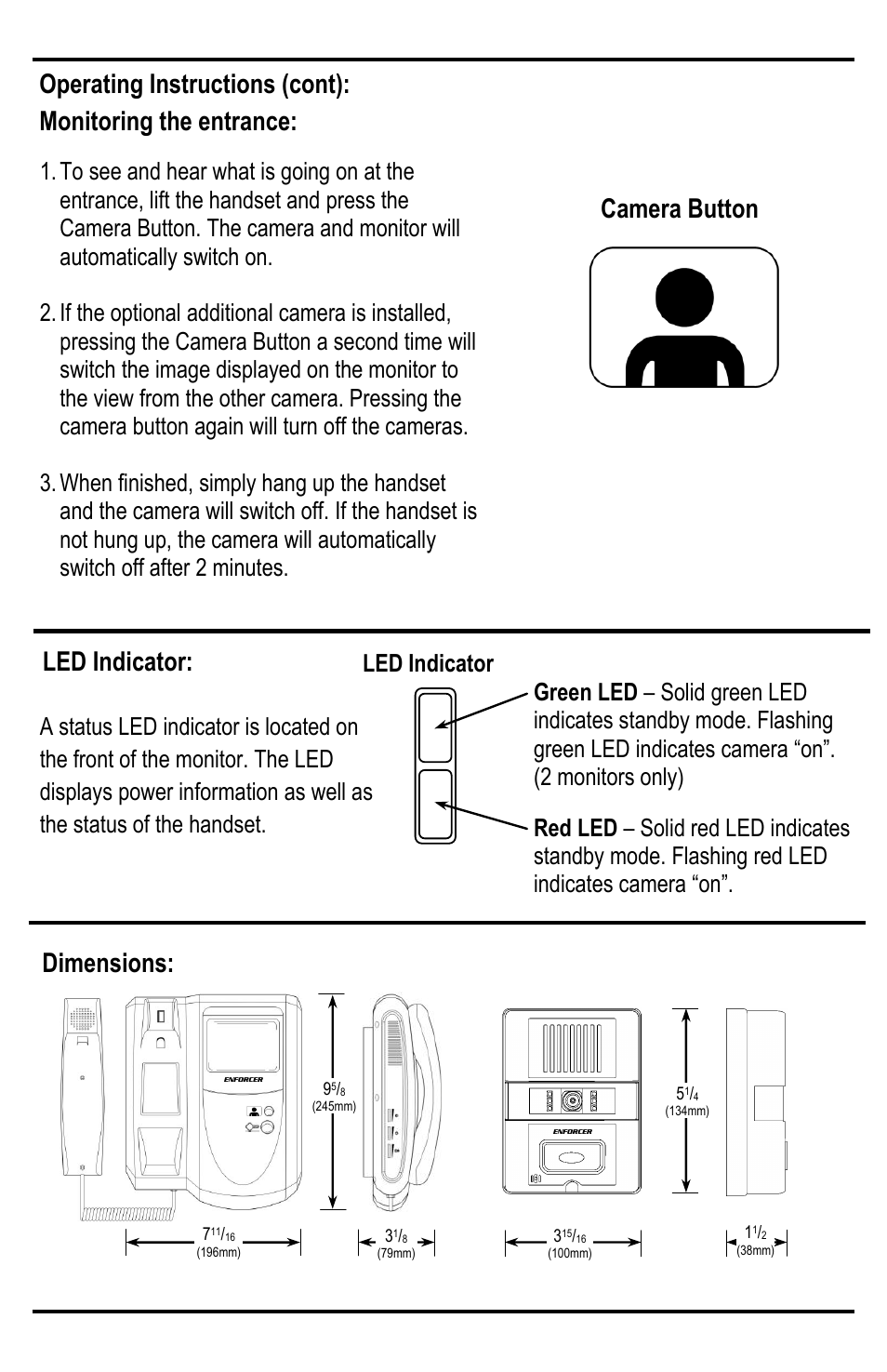 Led indicator, Dimensions, Camera button | SECO-LARM USA Enforcer DP-121Q User Manual | Page 8 / 12