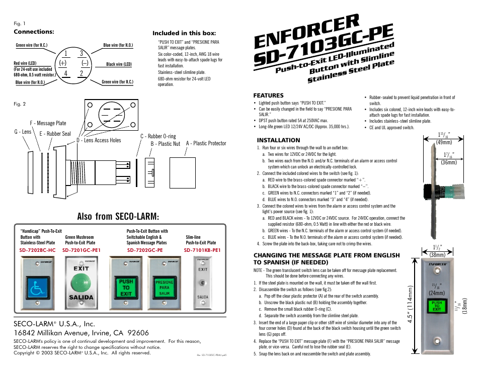 SECO-LARM USA SD-7103GC-PE User Manual | 1 page