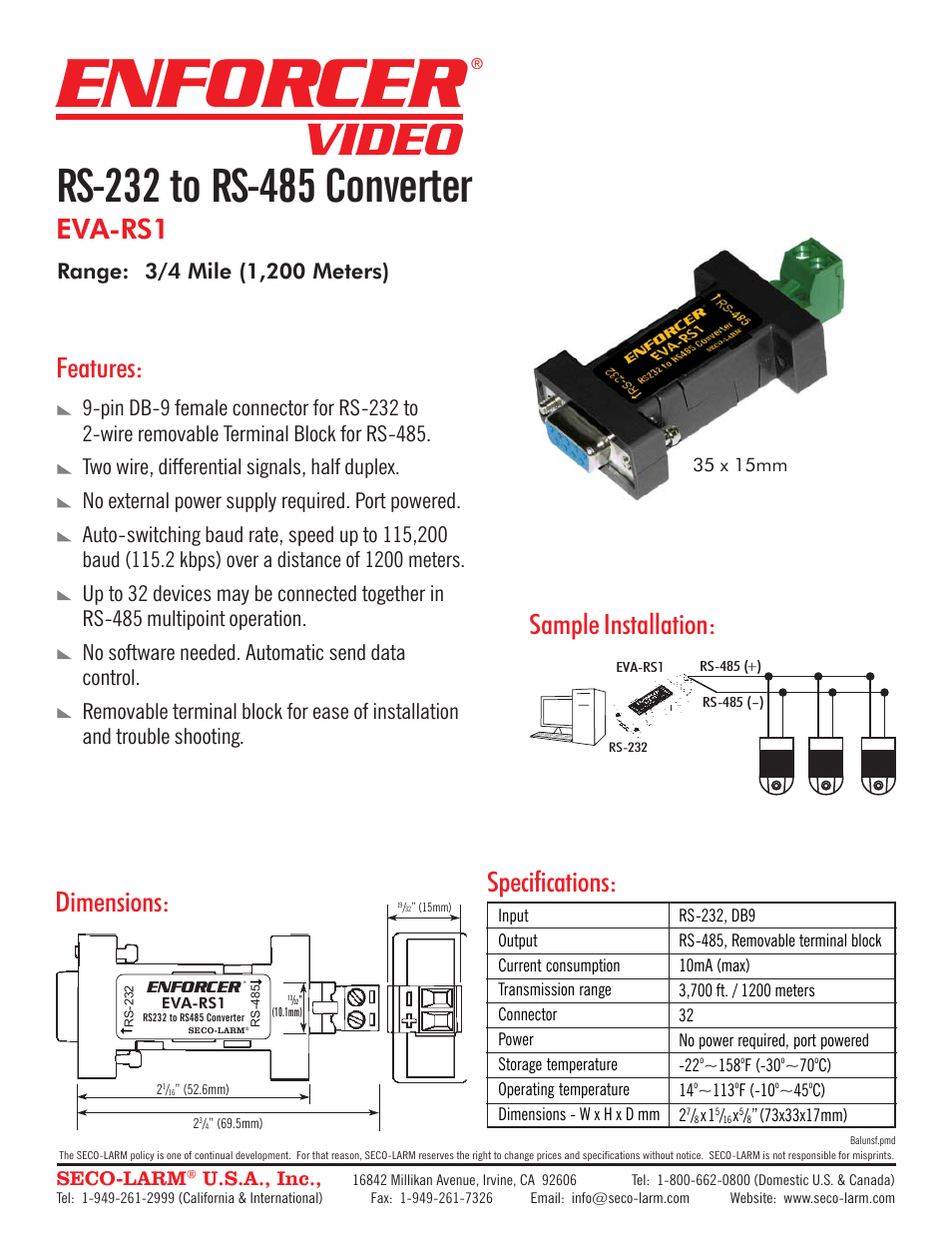 SECO-LARM USA RS-232 to RS-485 Converter EVA-RS1 User Manual | 1 page