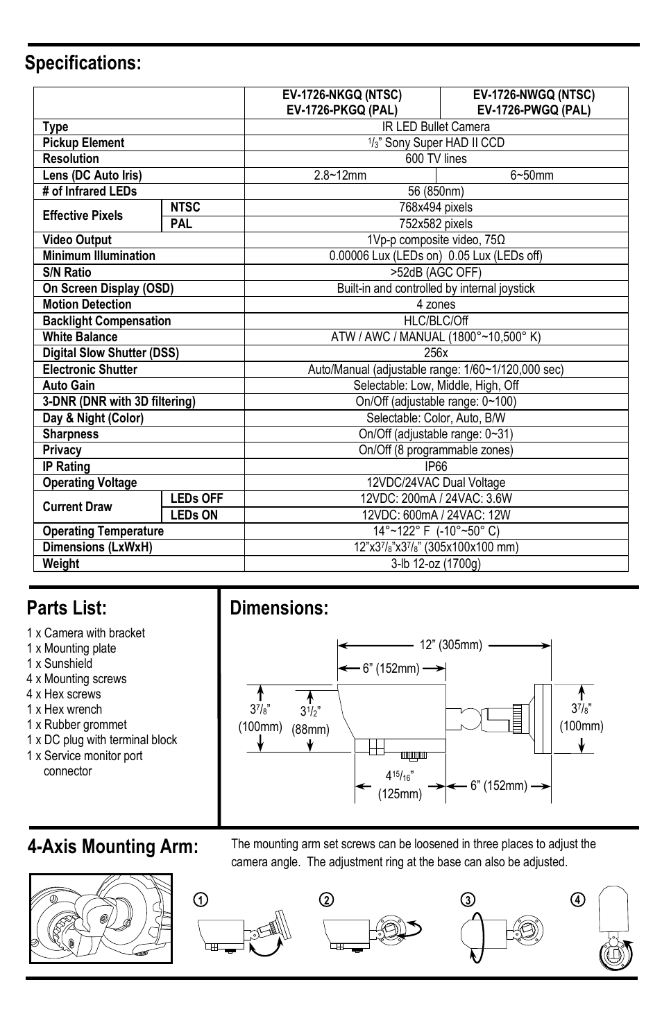 Parts list, Specifications: dimensions: 4-axis mounting arm | SECO-LARM USA Enforcer EV-1726-NWGQ User Manual | Page 2 / 4
