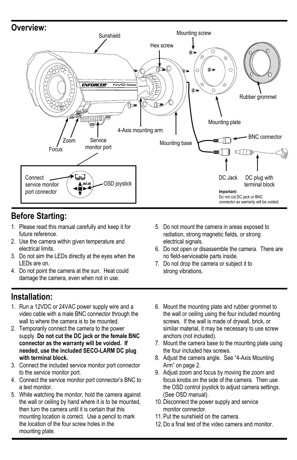 Installation: before starting, Overview | SECO-LARM USA Enforcer EV-1726-NWGQ User Manual | Page 3 / 4