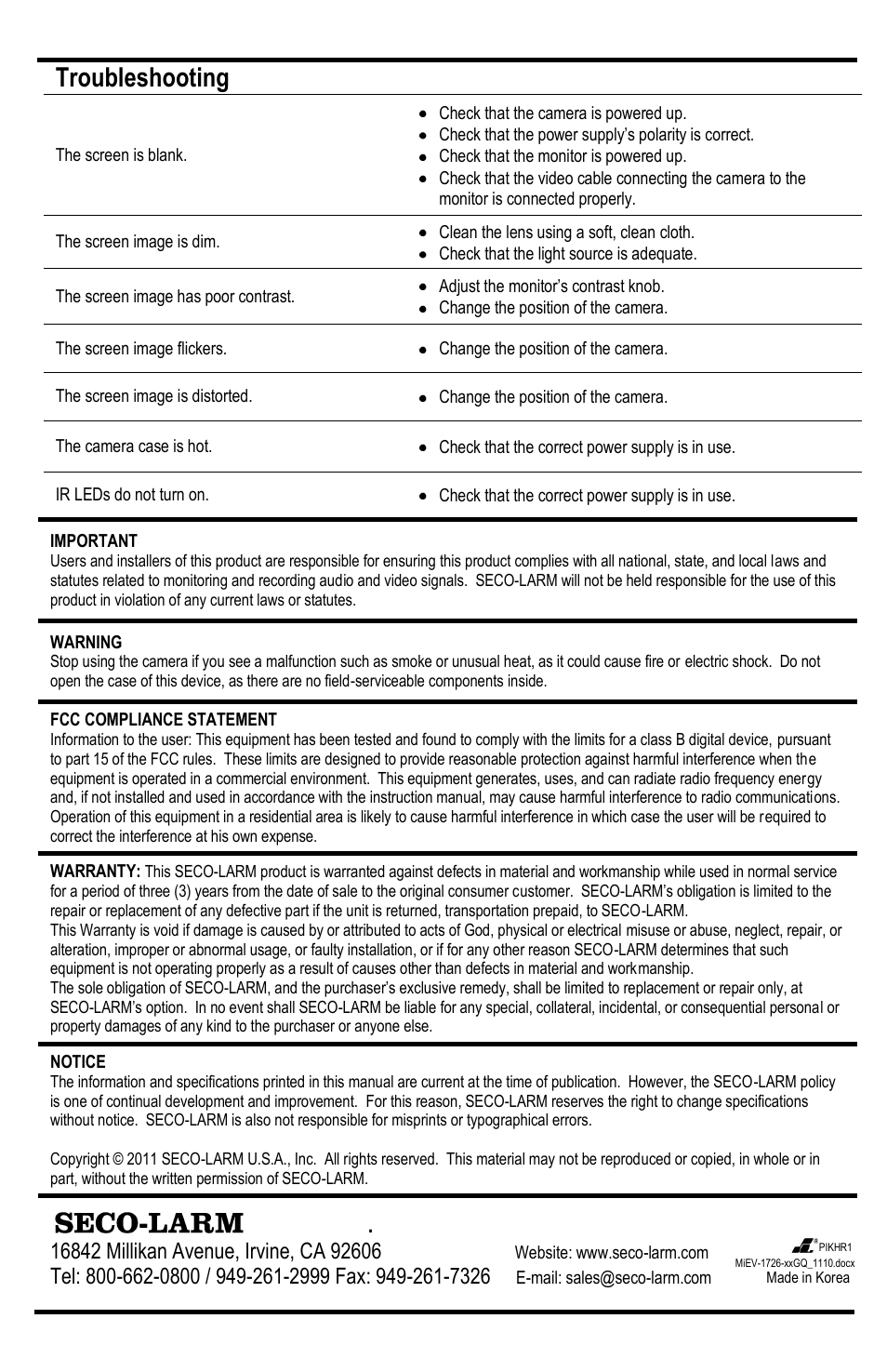 Troubleshooting | SECO-LARM USA Enforcer EV-1726-NWGQ User Manual | Page 4 / 4