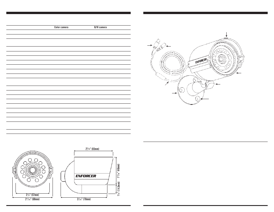 Parts list, Specifications, Enforcer ccd ir d | Dimensions, Enforcer | SECO-LARM USA EV-1323B12DW User Manual | Page 2 / 2