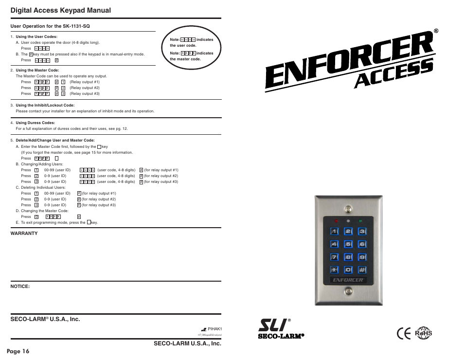 SECO-LARM USA Enforcer Access SK-1131-SQ User Manual | 8 pages