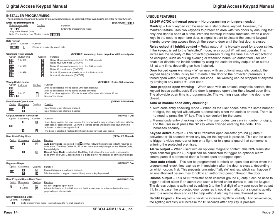 Digital access keypad manual, Seco-larm u.s.a., inc, Page 14 page 3 | SECO-LARM USA Enforcer Access SK-1131-SQ User Manual | Page 3 / 8