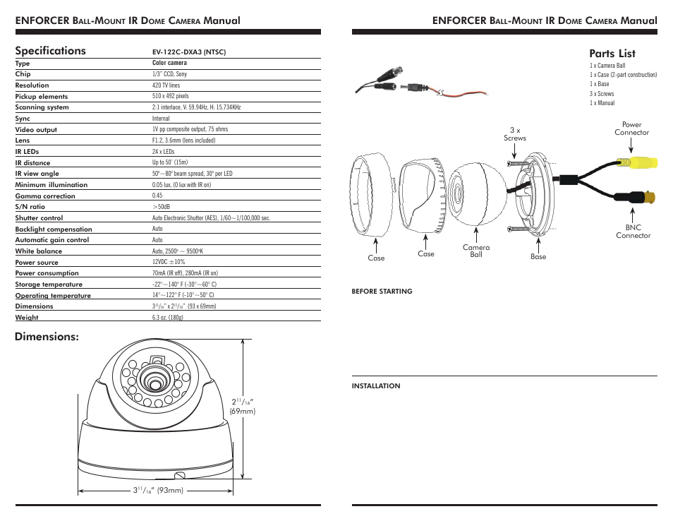Dimensions, Parts list, Specifications | Enforcer b, Ir d, Manual enforcer b, Manual | SECO-LARM USA Enforcer Video EV-122C-DXA3 User Manual | Page 2 / 2