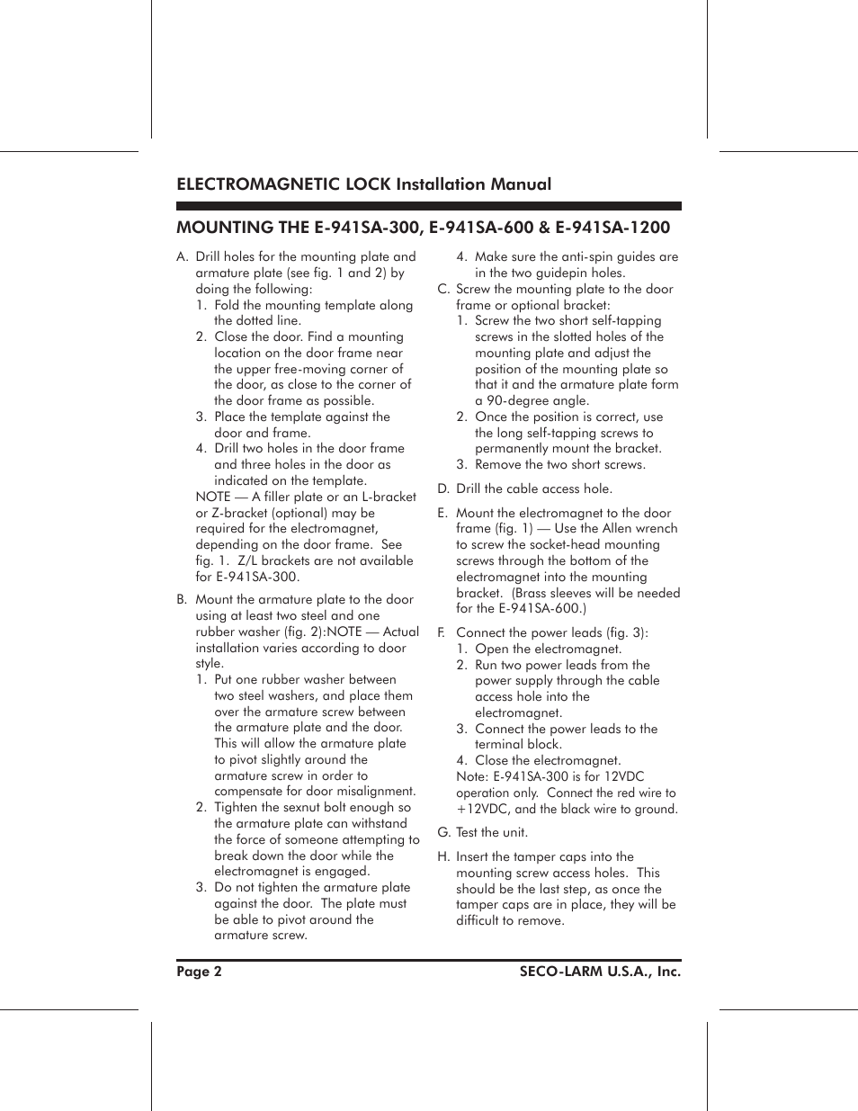 Electromagnetic lock installation manual | SECO-LARM USA E-941DA-1K2P User Manual | Page 2 / 5