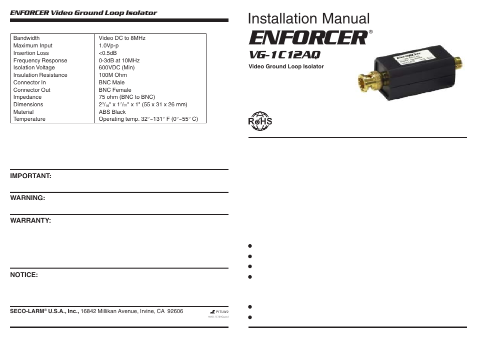 SECO-LARM USA ENFORCER Video Ground Loop Isolator VG-1C12AQ User Manual | 2 pages