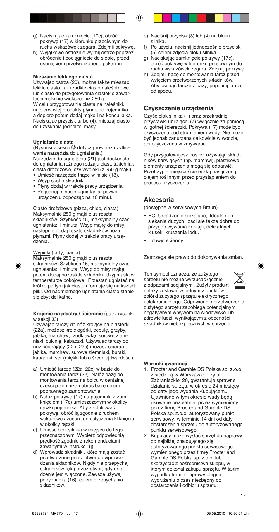 Czyszczenie urządzenia, Akcesoria | Braun MR570 Patisserie User Manual | Page 17 / 55