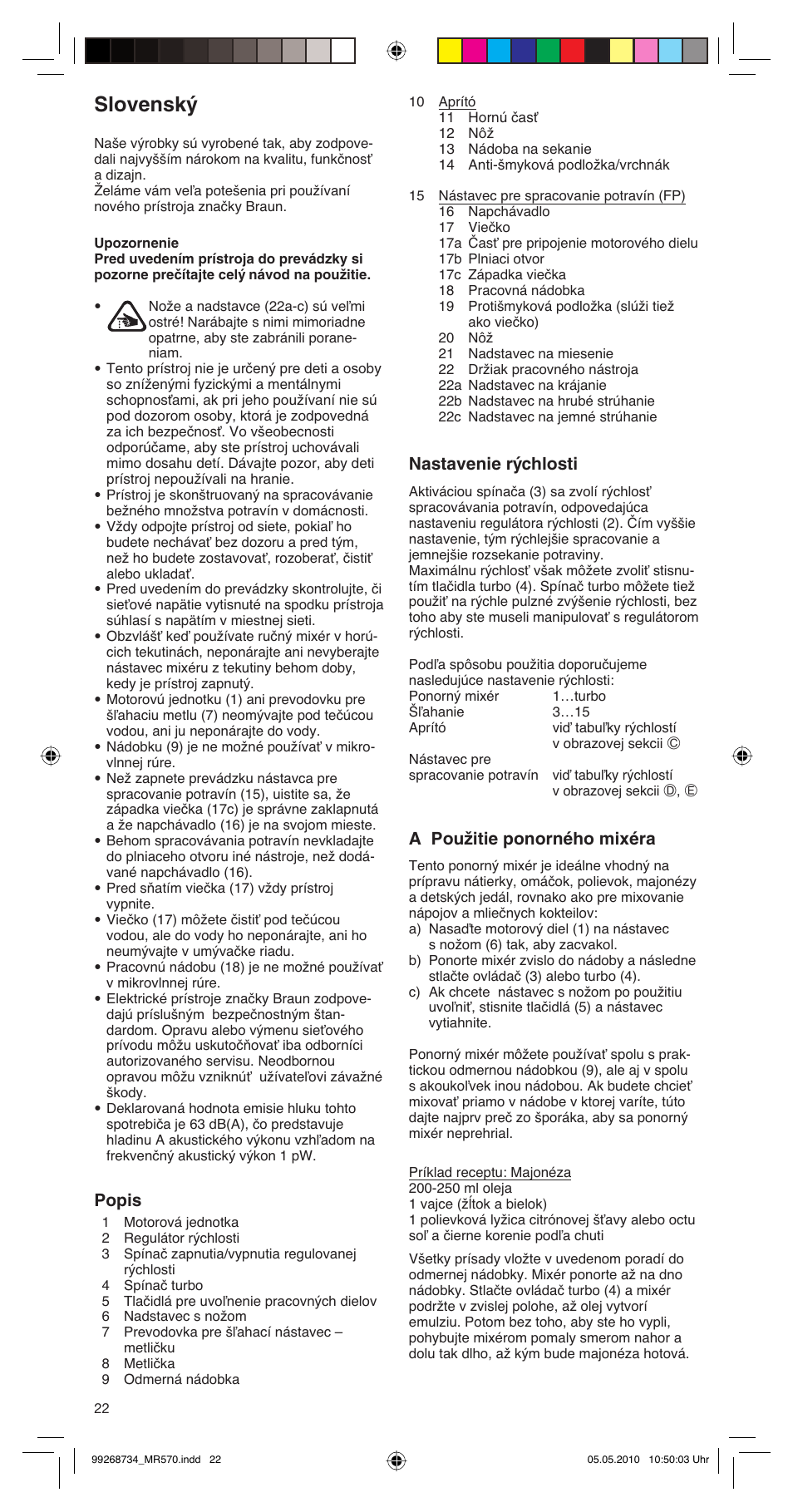 Slovenský, Popis, Nastavenie rýchlosti | Âa použitie ponorného mixéra | Braun MR570 Patisserie User Manual | Page 22 / 55