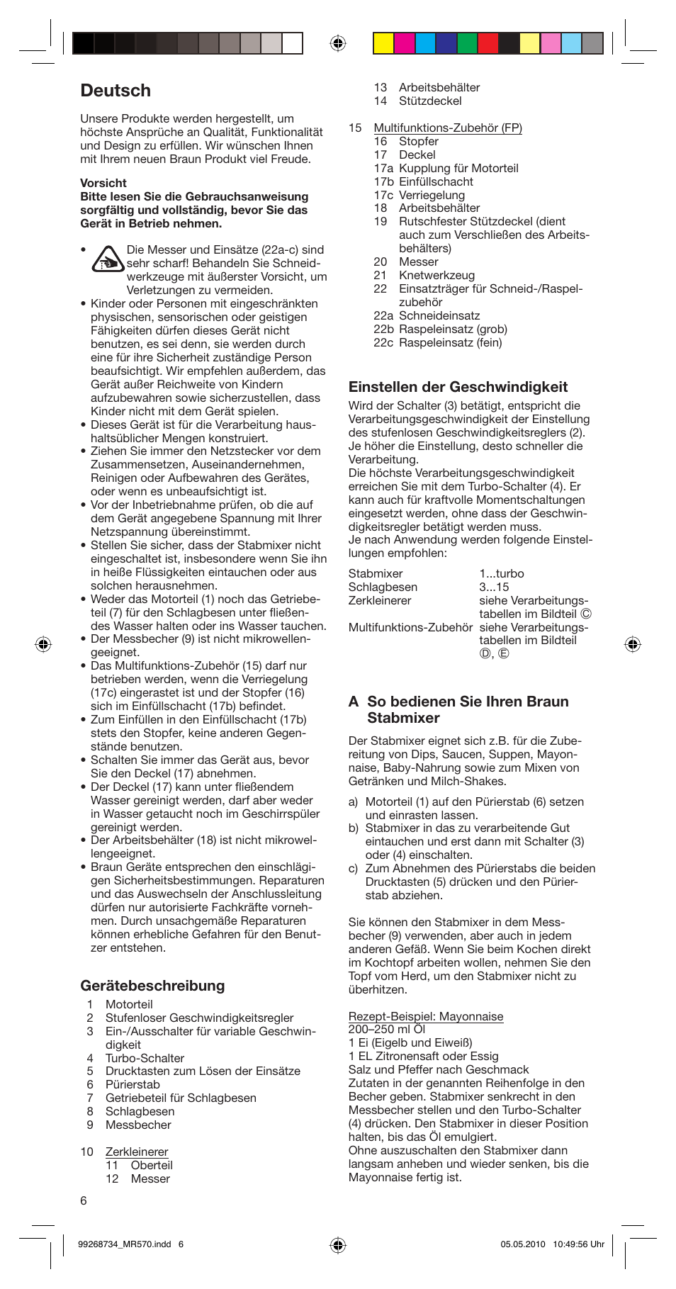 Deutsch, Gerätebeschreibung, Einstellen der geschwindigkeit | Âa so bedienen sie ihren braun stabmixer | Braun MR570 Patisserie User Manual | Page 6 / 55