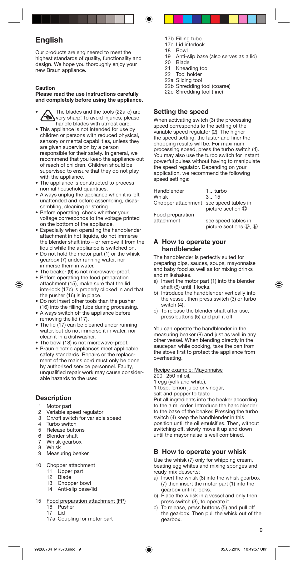 English, Description, Setting the speed | A how to operate your handblender, B how to operate your whisk | Braun MR570 Patisserie User Manual | Page 9 / 55
