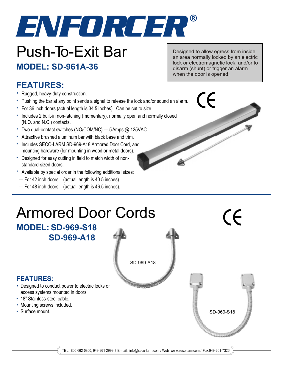 SECO-LARM USA Push-To-Exit Bar SD-969-A18 User Manual | 1 page