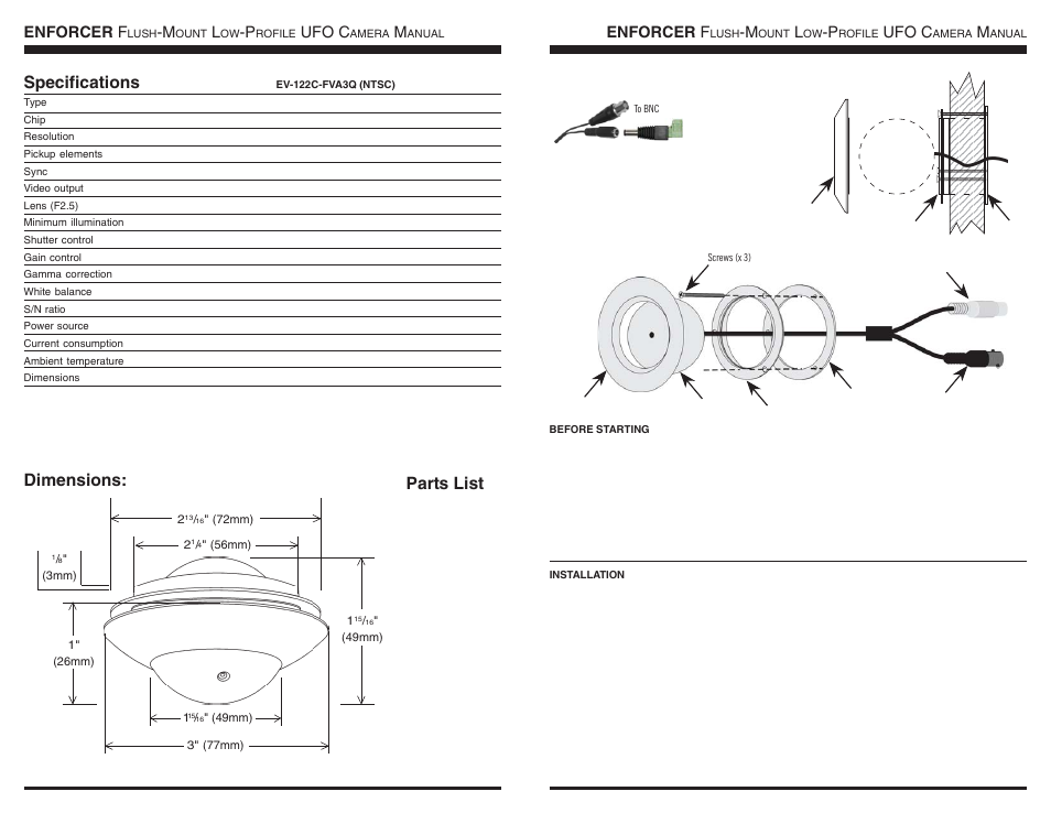 Dimensions, Parts list, Specifications | Enforcer f, Ufo c | SECO-LARM USA EV-122C-FVA3Q User Manual | Page 2 / 2