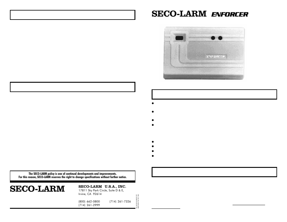 Seco-larm, Enforcer, Installation hints | Specifications, Remarkable features, How it works | SECO-LARM USA ENFORCER 190S User Manual | Page 2 / 2