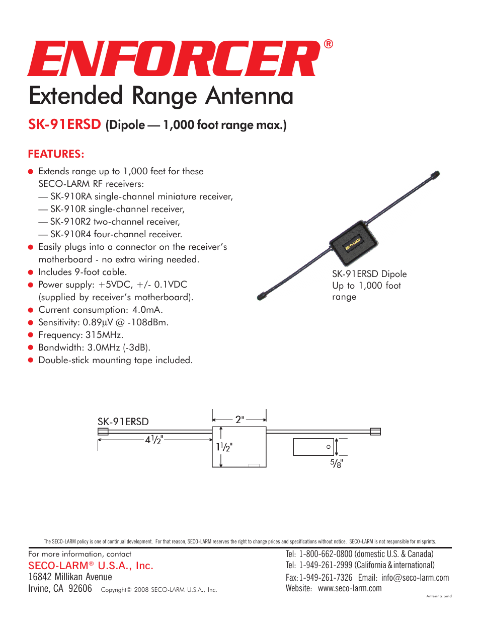 SECO-LARM USA Enforcer SK-91ERSD User Manual | 1 page