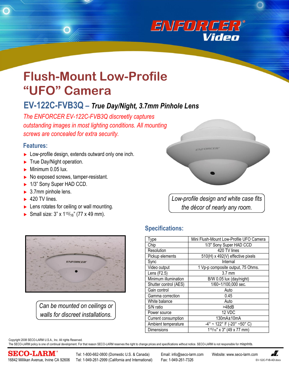SECO-LARM USA Enforcer EV-122C-FVB3Q User Manual | 1 page