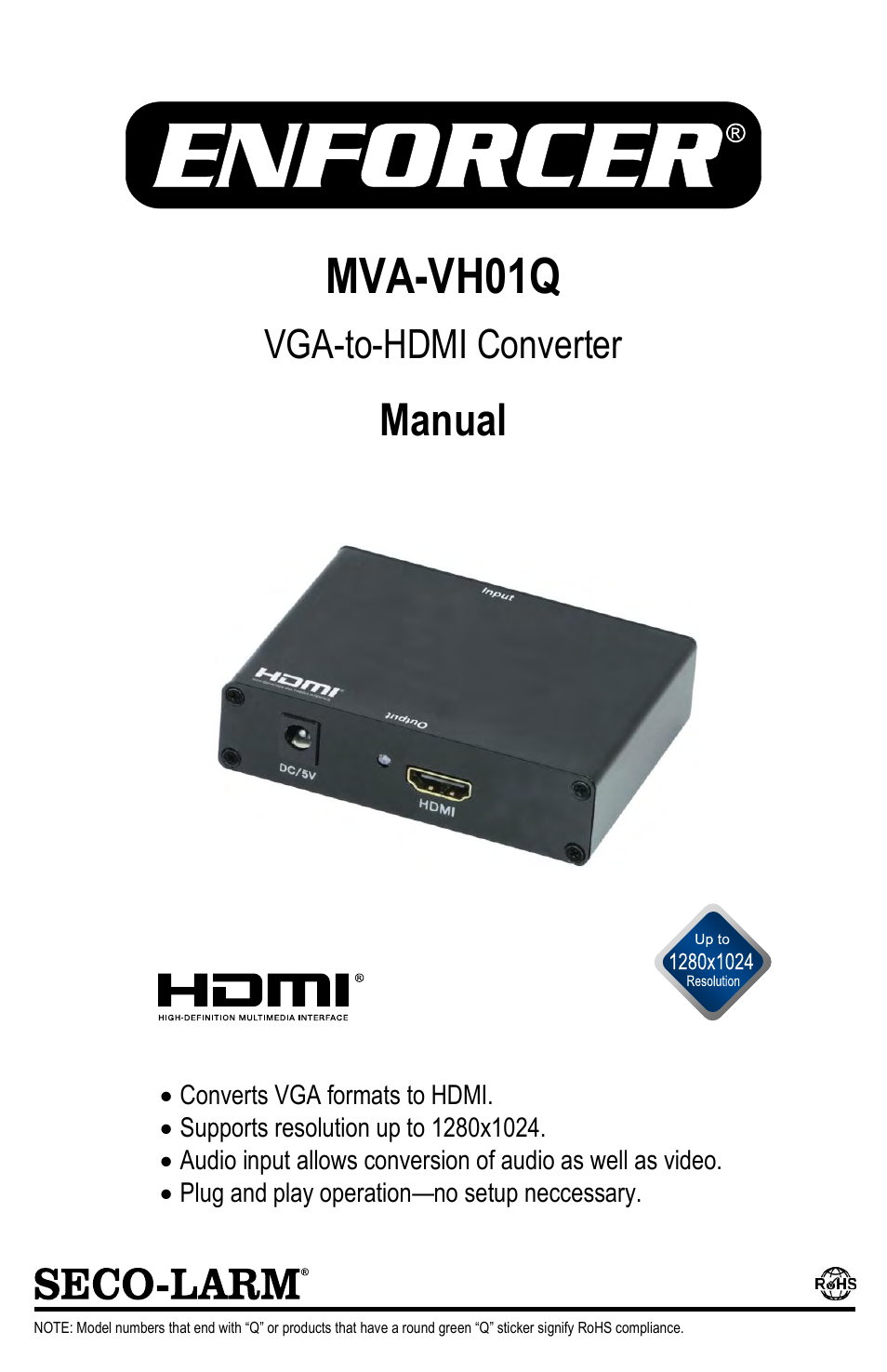 SECO-LARM USA VGA-to-HDMI Converter MVA-VH01Q User Manual | 4 pages