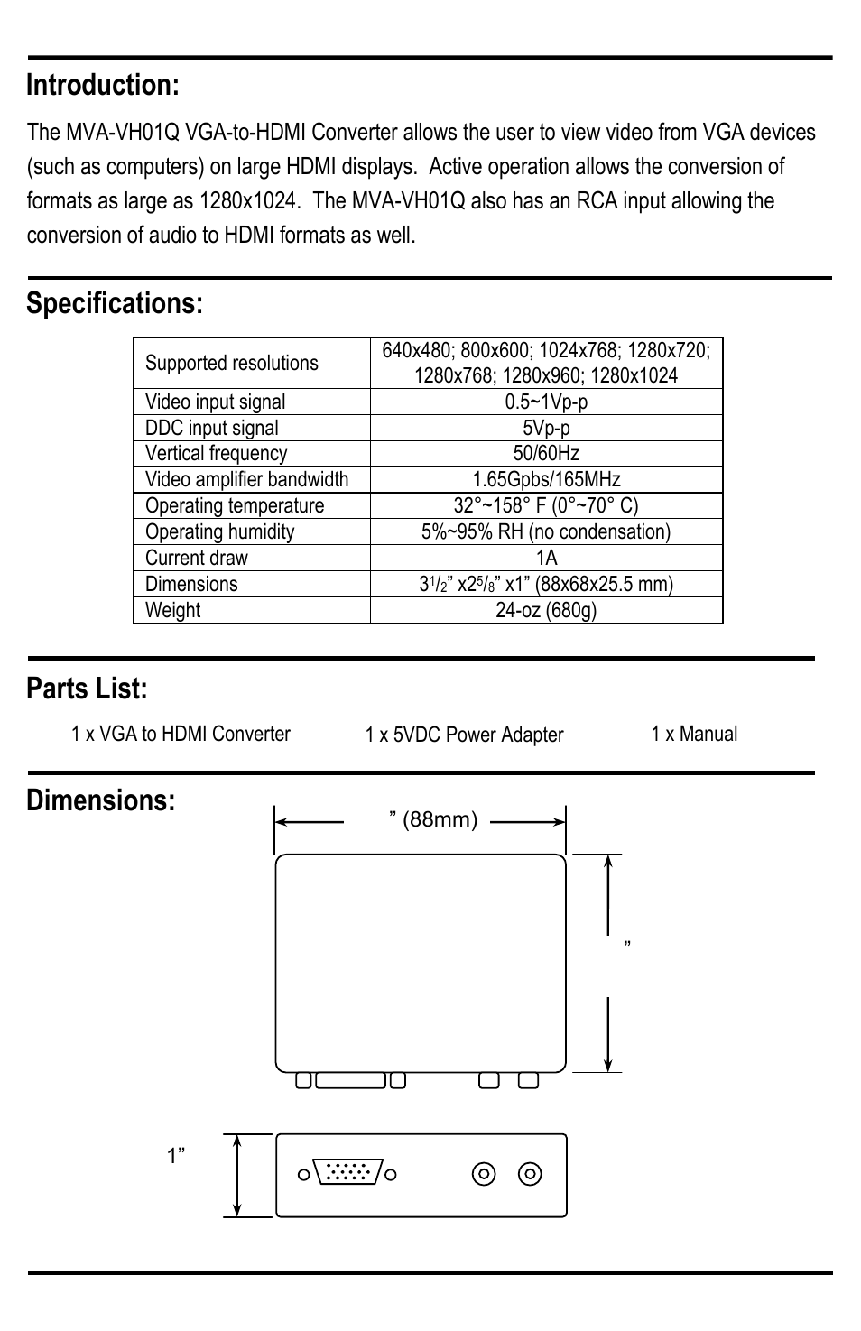 Specifications: parts list: introduction, Dimensions | SECO-LARM USA VGA-to-HDMI Converter MVA-VH01Q User Manual | Page 2 / 4