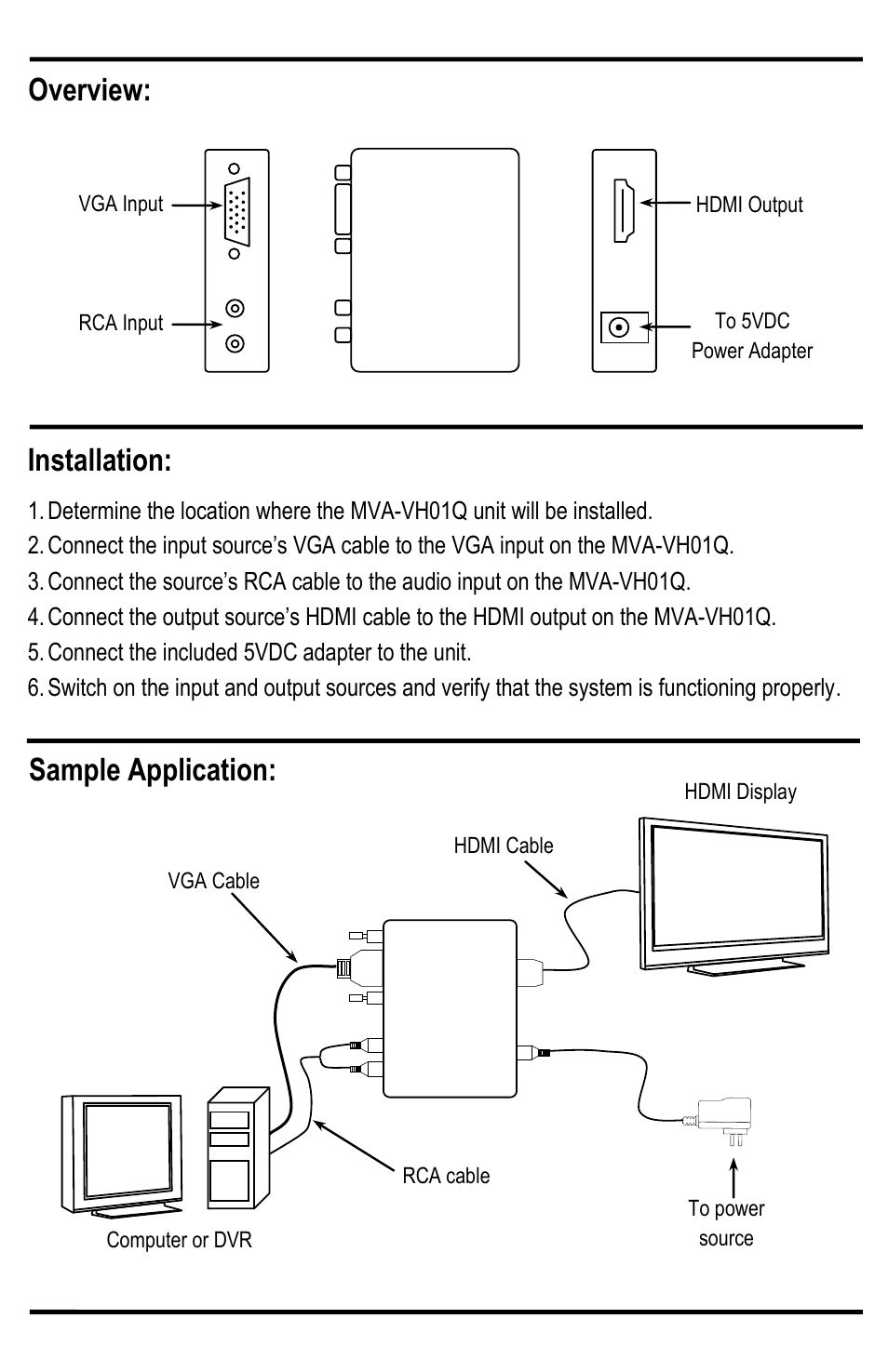 Installation, Sample application: overview | SECO-LARM USA VGA-to-HDMI Converter MVA-VH01Q User Manual | Page 3 / 4