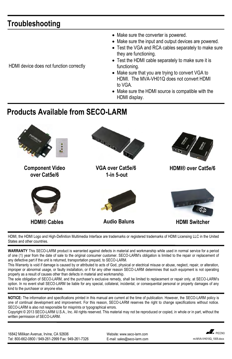 Troubleshooting, Products available from seco-larm | SECO-LARM USA VGA-to-HDMI Converter MVA-VH01Q User Manual | Page 4 / 4