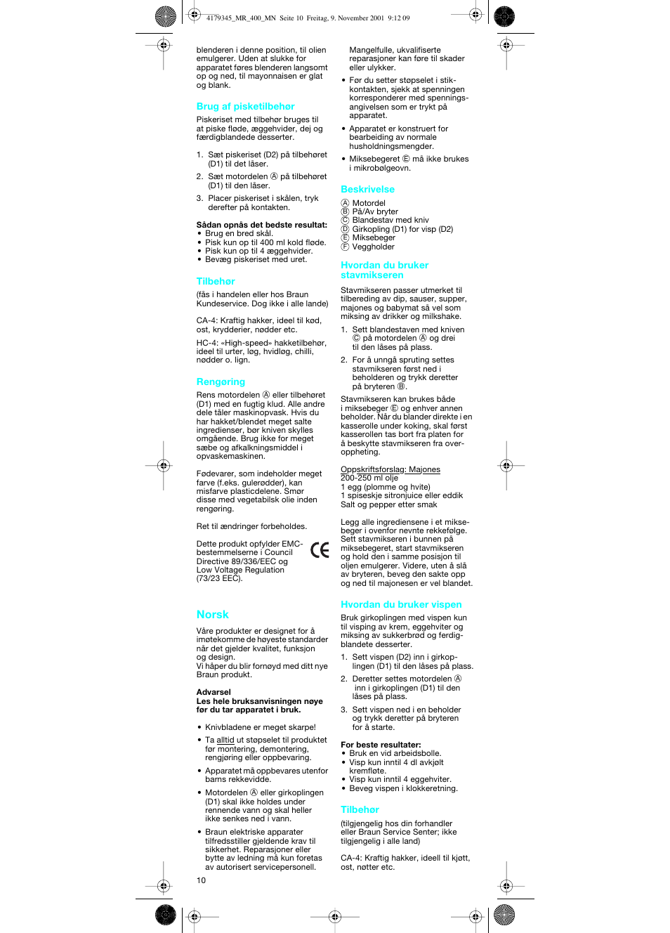 Norsk | Braun MR 404 User Manual | Page 10 / 20