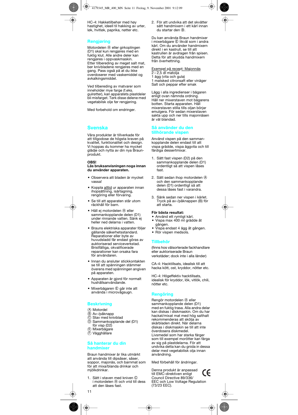 Svenska | Braun MR 404 User Manual | Page 11 / 20