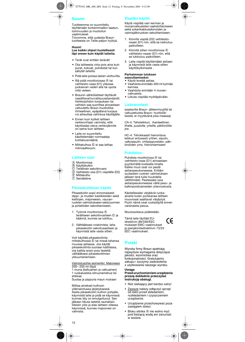 Suomi, Polski | Braun MR 404 User Manual | Page 12 / 20