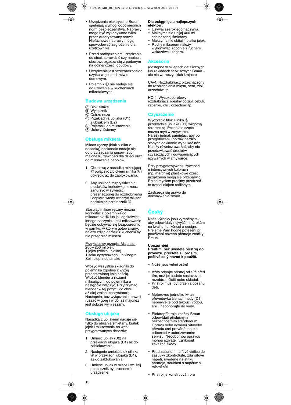 Cesky, Âesk | Braun MR 404 User Manual | Page 13 / 20