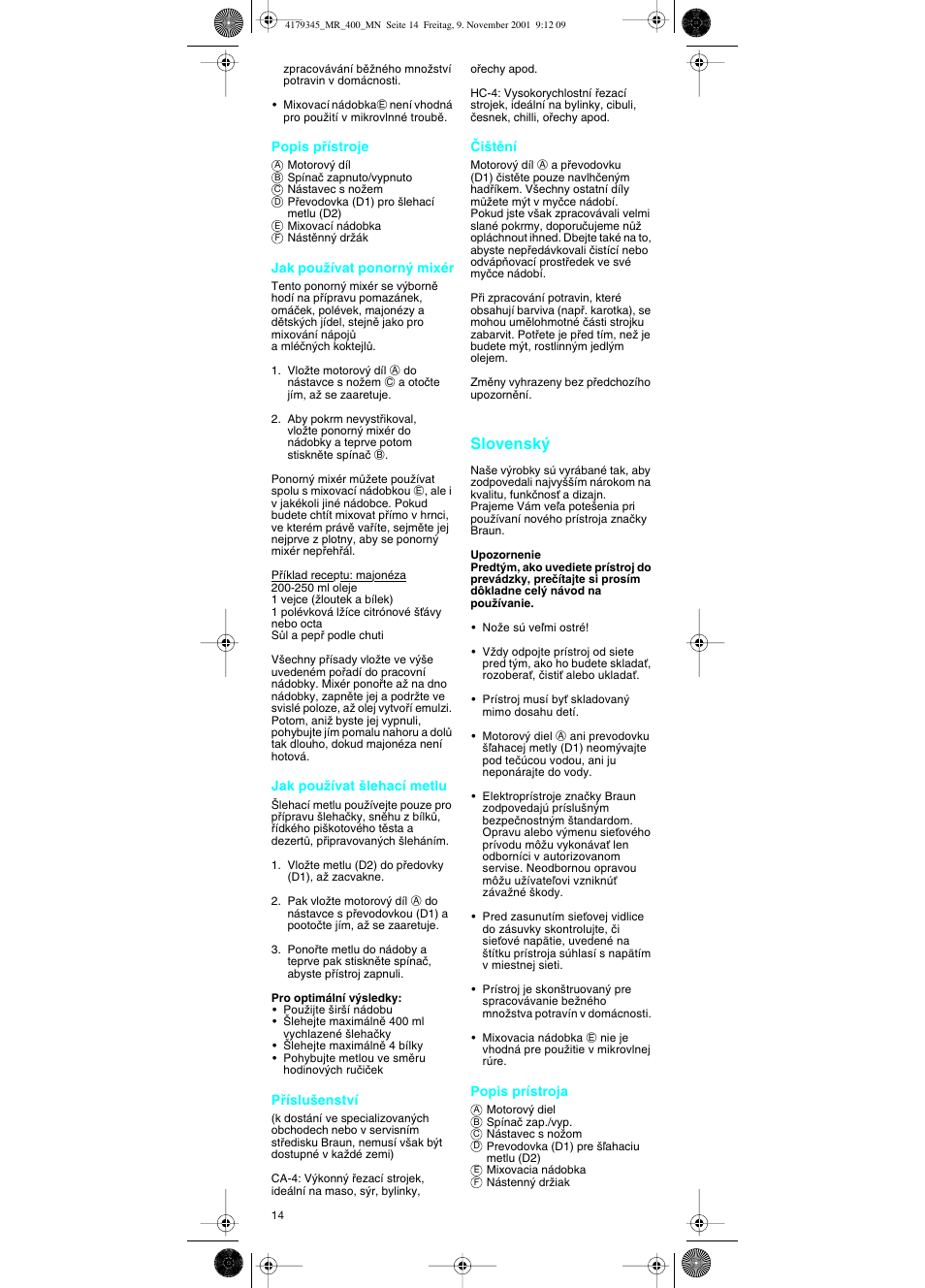 Slovensky, Slovensk | Braun MR 404 User Manual | Page 14 / 20