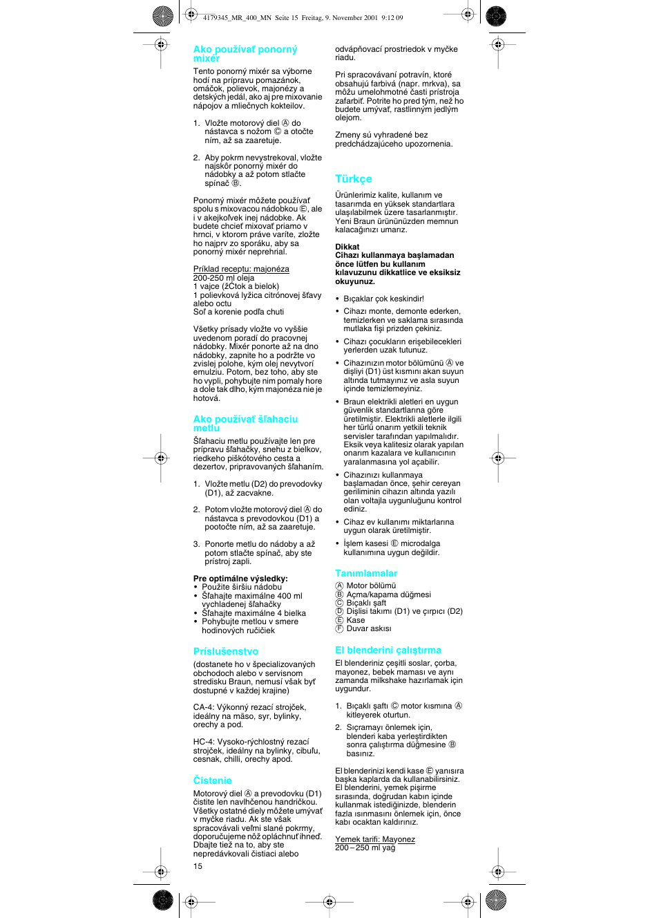 Türkçe | Braun MR 404 User Manual | Page 15 / 20