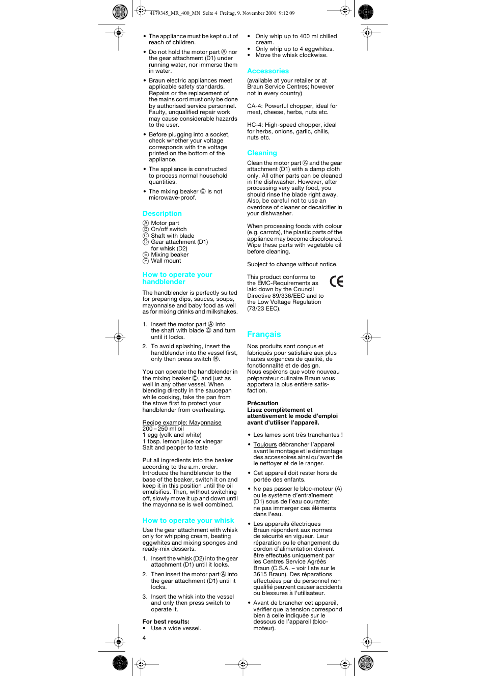 Français | Braun MR 404 User Manual | Page 4 / 20