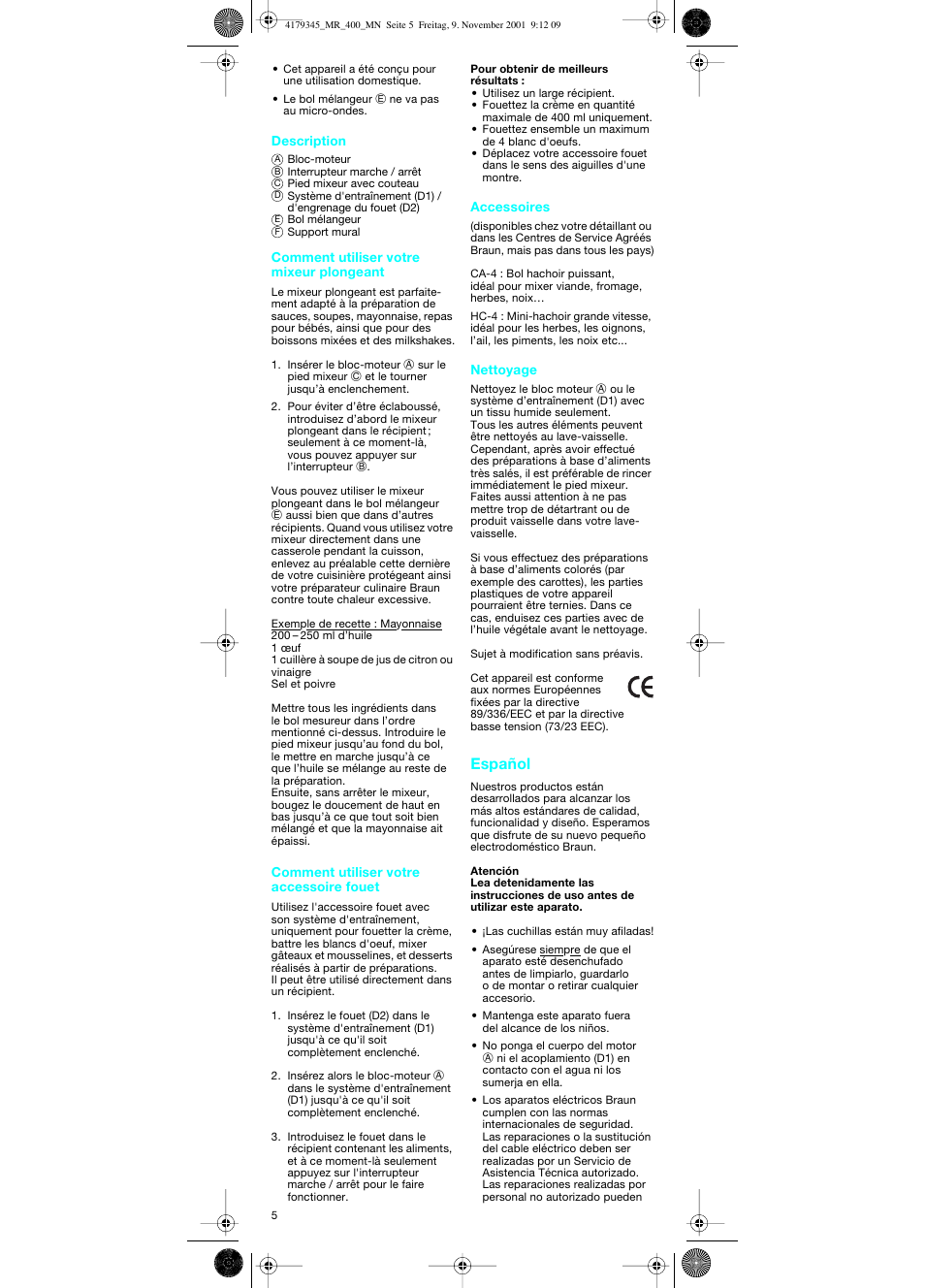 Español | Braun MR 404 User Manual | Page 5 / 20