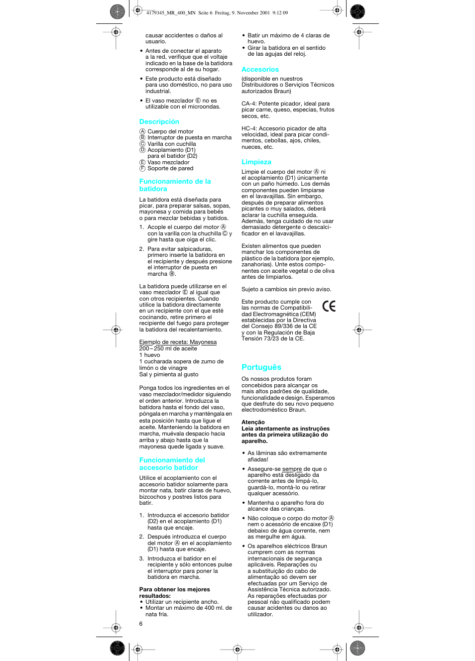 Português | Braun MR 404 User Manual | Page 6 / 20