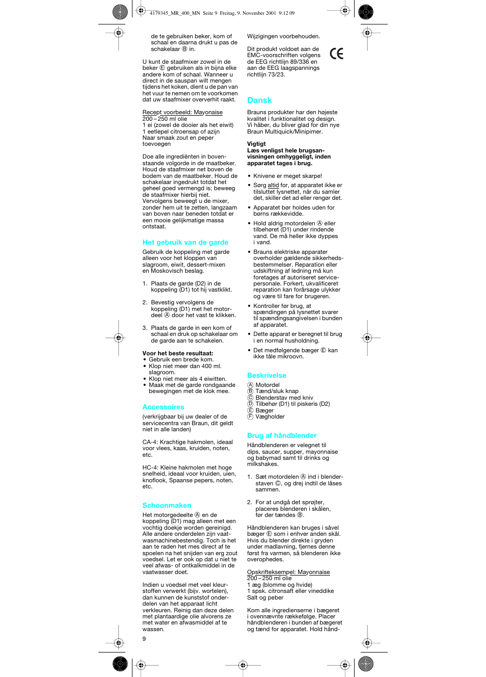 Dansk | Braun MR 404 User Manual | Page 9 / 20