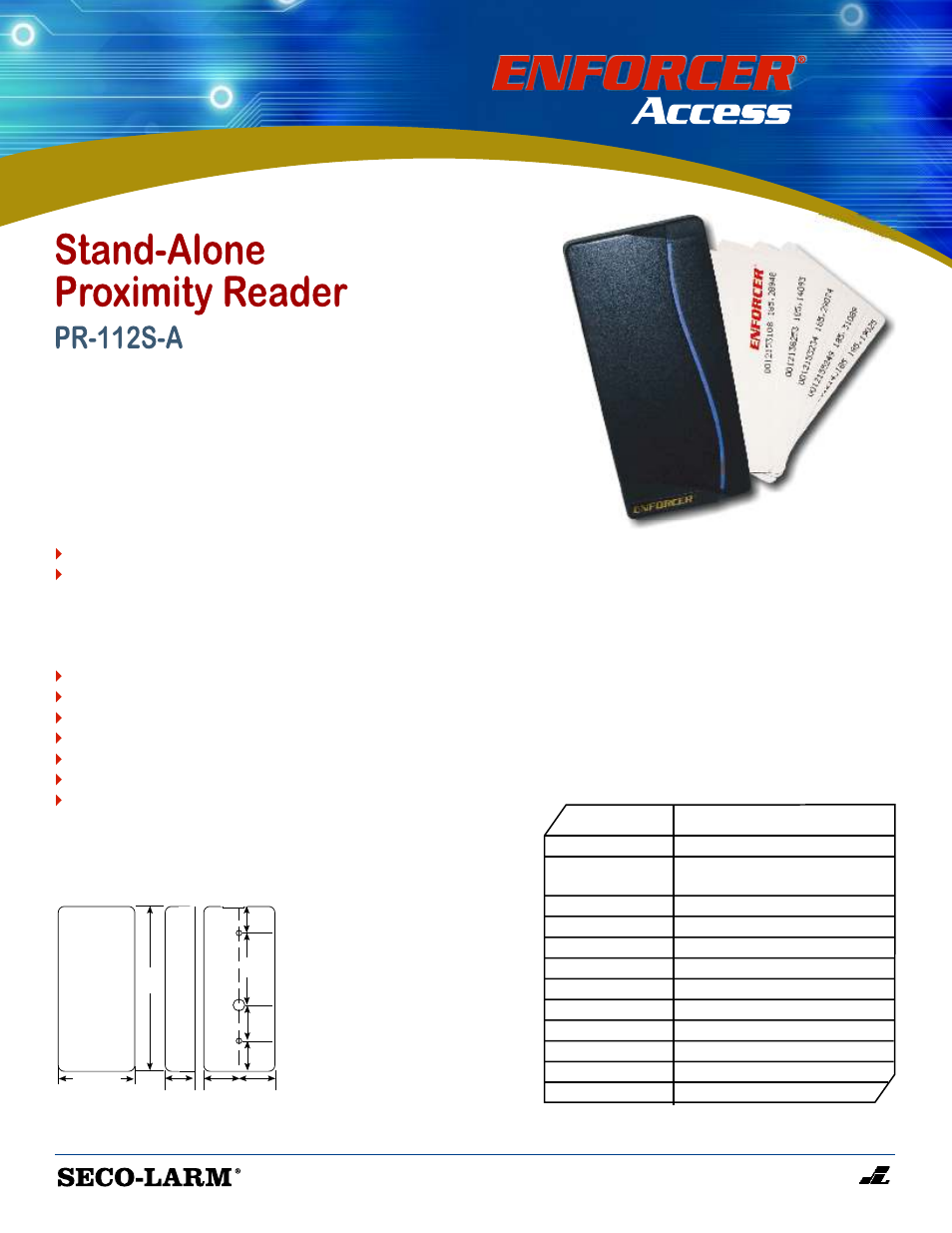 SECO-LARM USA ENFORCER Stand-Alone Proximity Reader PR-112S-A User Manual | 1 page