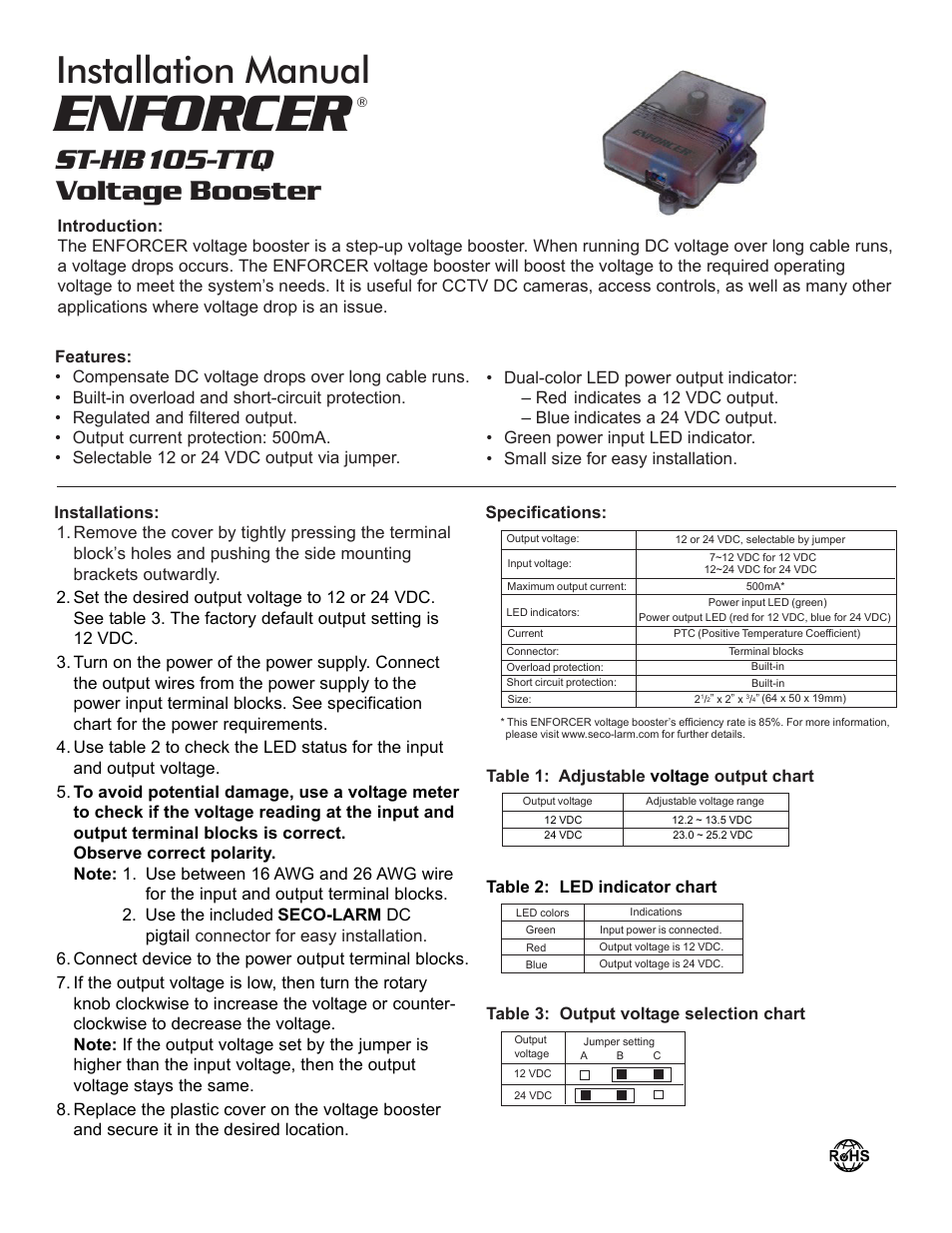 SECO-LARM USA Enforcer Voltage Booster ST-HB105-TTQ User Manual | 2 pages
