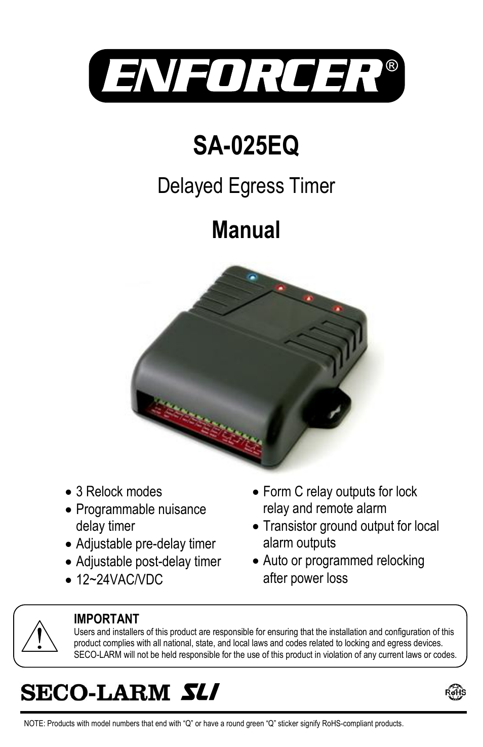 SECO-LARM USA Delayed Egress Timer SA-025EQ User Manual | 12 pages