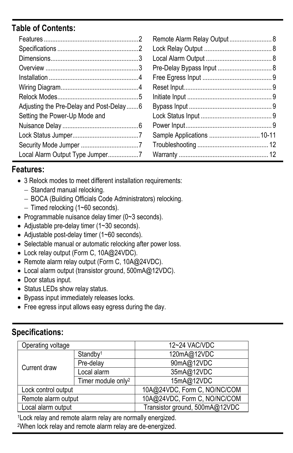 Features: specifications: table of contents | SECO-LARM USA Delayed Egress Timer SA-025EQ User Manual | Page 2 / 12