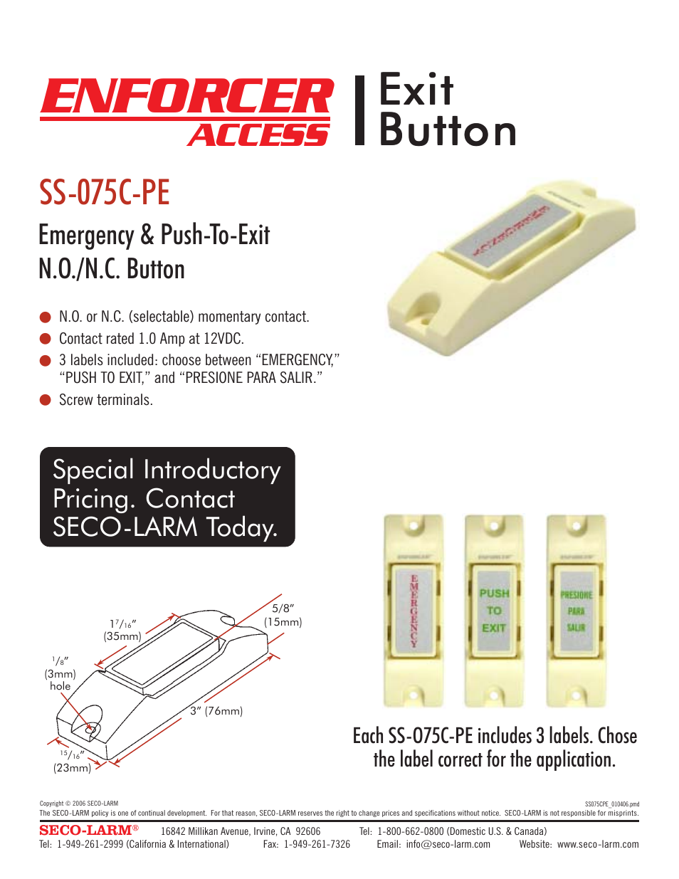 SECO-LARM USA Emergency & Push-To-Exit N.O./N.C. Button SS-075C-PE User Manual | 1 page