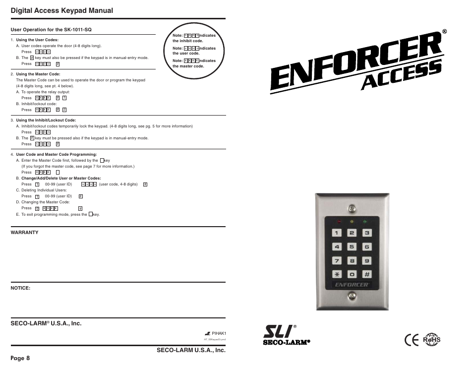 SECO-LARM USA SK-1011-SQ User Manual | 5 pages