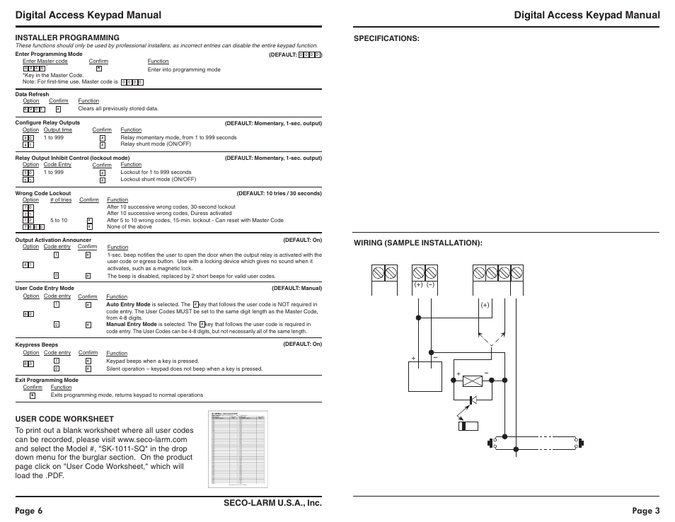 Digital access keypad manual, Seco-larm u.s.a., inc, Page 3 page 6 | SECO-LARM USA SK-1011-SQ User Manual | Page 3 / 5