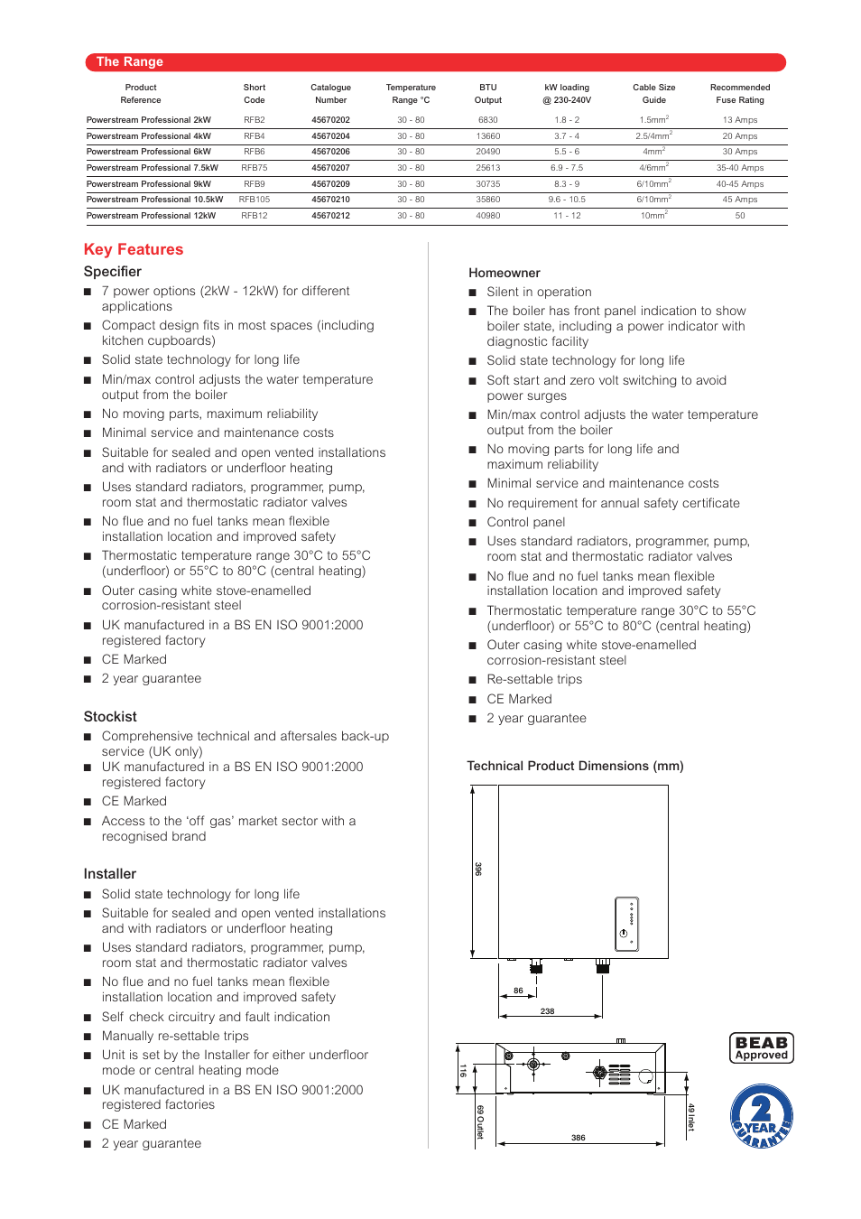 Key features, Specifier, Stockist | Installer | Signat Powerstream Professional User Manual | Page 3 / 4