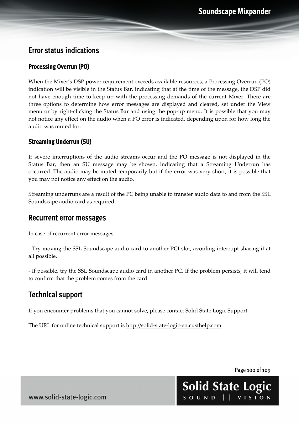 Soundscape mixpander, Error status indications, Recurrent error messages | Technical support | Solid State Logic Soundscape Mixer User Manual | Page 100 / 109