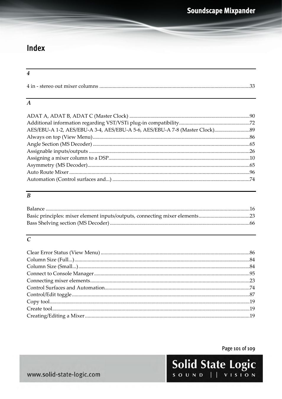 Index, Soundscape mixpander | Solid State Logic Soundscape Mixer User Manual | Page 101 / 109
