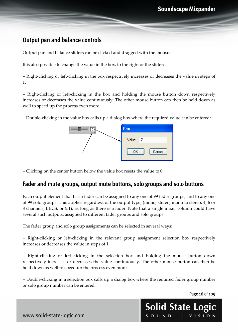 Soundscape mixpander, Output pan and balance controls | Solid State Logic Soundscape Mixer User Manual | Page 16 / 109