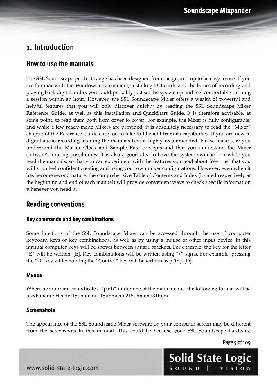 Introduction, Soundscape mixpander, How to use the manuals | Reading conventions | Solid State Logic Soundscape Mixer User Manual | Page 5 / 109