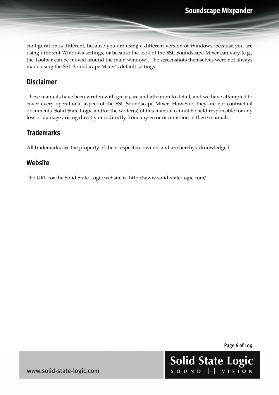 Soundscape mixpander, Disclaimer, Trademarks | Website | Solid State Logic Soundscape Mixer User Manual | Page 6 / 109