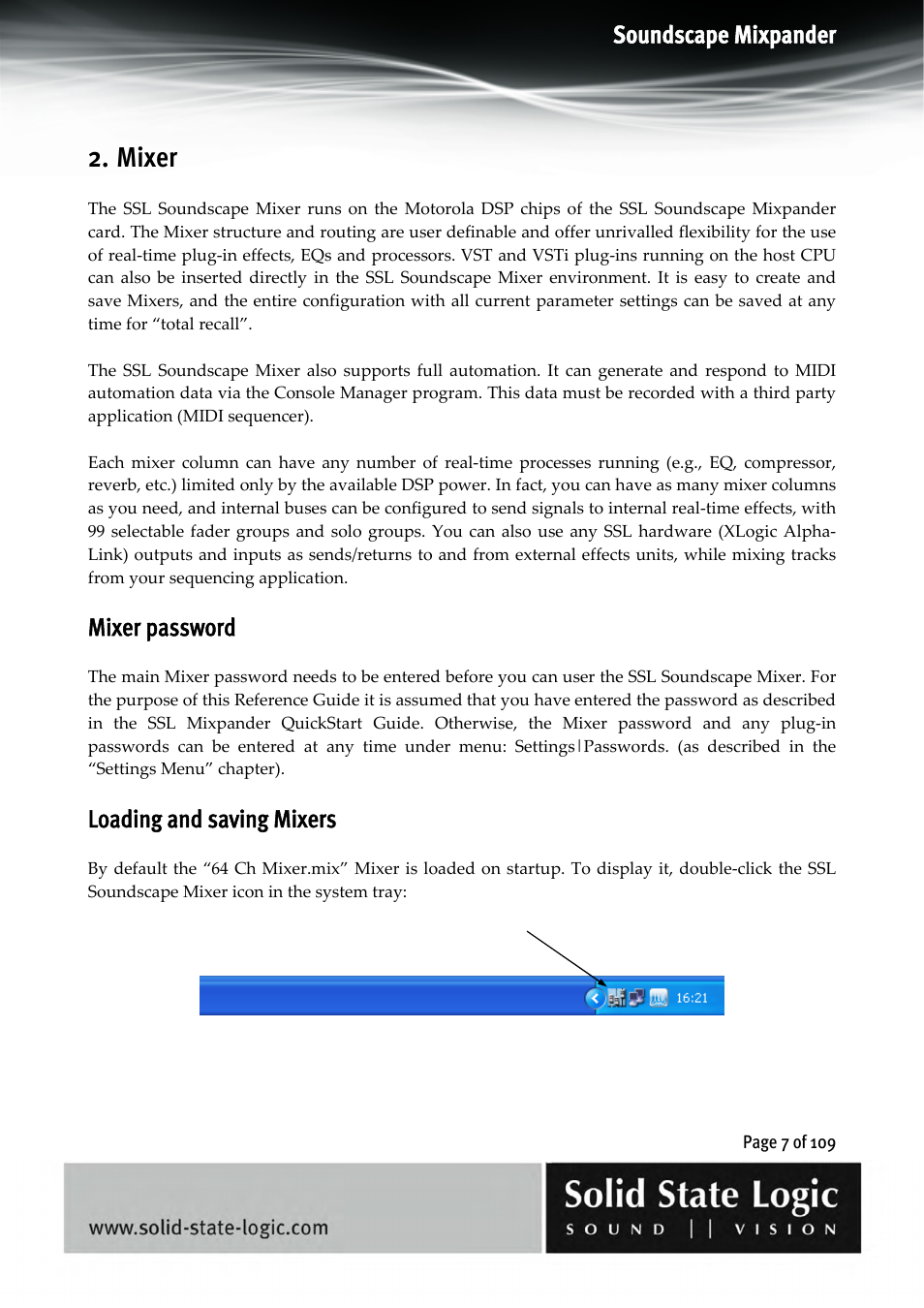 Mixer, Soundscape mixpander, Mixer password | Loading and saving mixers | Solid State Logic Soundscape Mixer User Manual | Page 7 / 109
