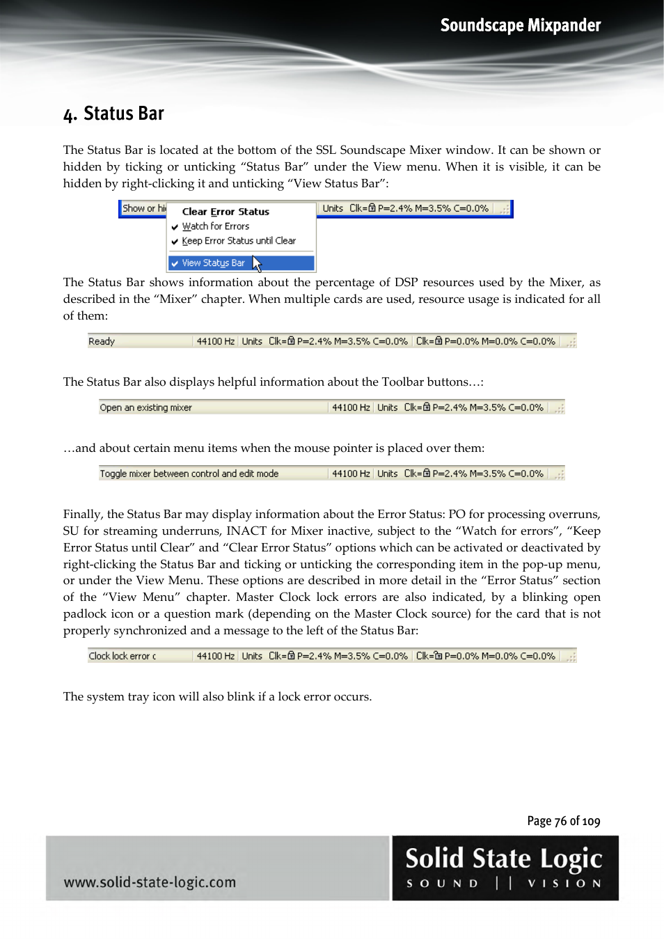 Status bar, Soundscape mixpander | Solid State Logic Soundscape Mixer User Manual | Page 76 / 109